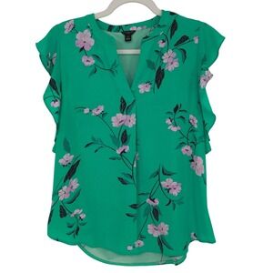 Ann Taylor Flutter Sleeve Blouse SP Green Floral V-Neck Ruffle Romantic Preppy